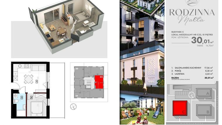 Rzut - Mieszkanie na sprzedaż 2 pokoje o powierzchni 30,01 m² - numer C22 w Rodzinna Malta