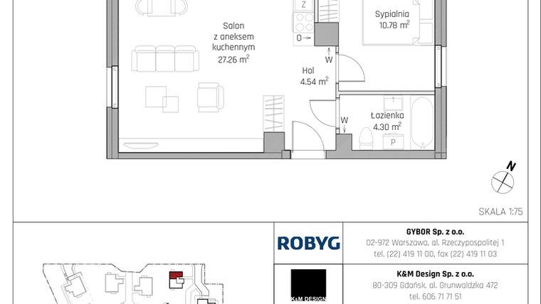 Rzut - Mieszkanie na sprzedaż 2 pokoje o powierzchni 46,88 m² - numer B4.1M02 w ROSA Residence etap II