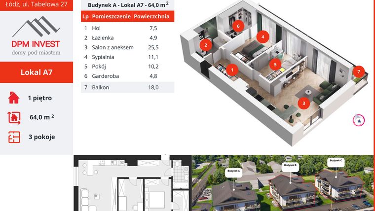 Rzut - Mieszkanie na sprzedaż 3 pokoje o powierzchni 64 m² - numer A7 w Apartamenty Tabelowa