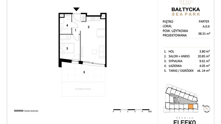 Rzut - Mieszkanie na sprzedaż 2 pokoje o powierzchni 38,31 m² - numer A.0.9 w Bałtycka Sea Park