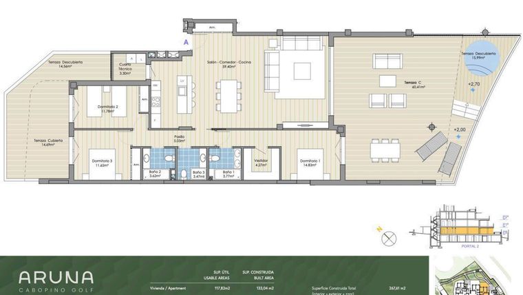 Rzut - Mieszkanie na sprzedaż 3 pokoje o powierzchni 226 m² - numer P2-PB-A w Aruna