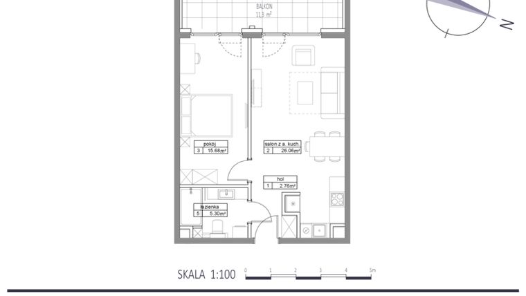 Rzut - Mieszkanie na sprzedaż 2 pokoje o powierzchni 49,8 m² - numer E22 w Apartamenty na Klifie bud. D, E i F