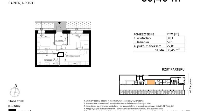 Rzut - Mieszkanie na sprzedaż 1 pokój o powierzchni 36,45 m² - numer M3 w Finezja