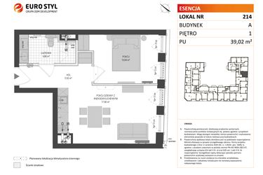 Rzut - Mieszkanie na sprzedaż 1 pokój o powierzchni 39,02 m² - numer A.214 w Esencja - Apartamenty inwestycyjne