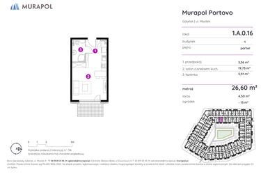 Rzut - Mieszkanie na sprzedaż 1 pokój o powierzchni 26,6 m² - numer 1.A.0.16 w Murapol Portovo etap II