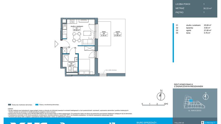 Rzut - Mieszkanie na sprzedaż 1 pokój o powierzchni 30,38 m² - numer A.1.12 w Rakoczego 17