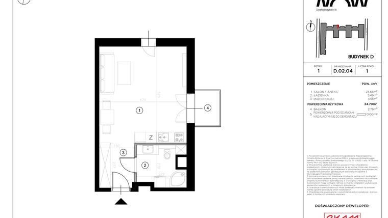 Rzut - Mieszkanie na sprzedaż 1 pokój o powierzchni 34,7 m² - numer D.02.04 w NOW