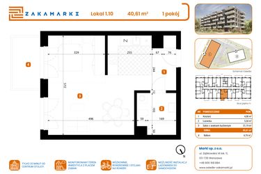 Rzut - Mieszkanie na sprzedaż 1 pokój o powierzchni 40,61 m² - numer B1/1/10 w Zakamarki