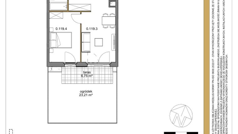 Rzut - Mieszkanie na sprzedaż 2 pokoje o powierzchni 42,07 m² - numer 119 w Osiedle Sfera etap II