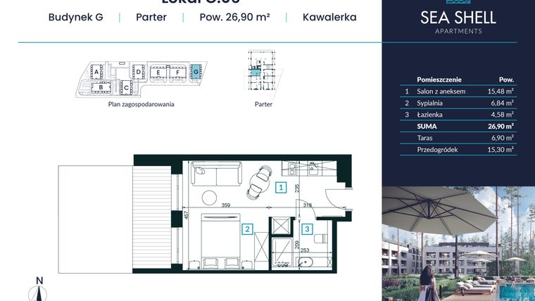 Rzut - Mieszkanie na sprzedaż 1 pokój o powierzchni 26,9 m² - numer G.06 w Magiczny Łukęcin