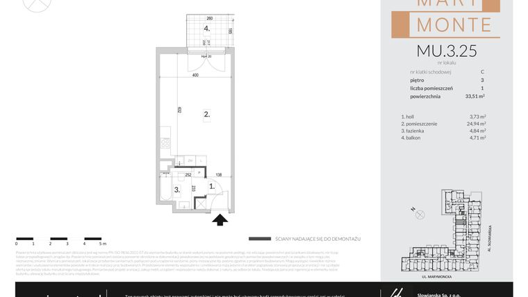 Rzut - Mieszkanie na sprzedaż 1 pokój o powierzchni 33,36 m² - numer MU.3.25 w Marimonte - apartamenty inwestycyjne