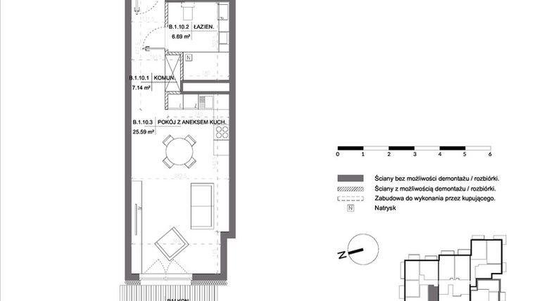 Rzut - Mieszkanie na sprzedaż 1 pokój o powierzchni 39,42 m² - numer B.1.10 w Polanka 21