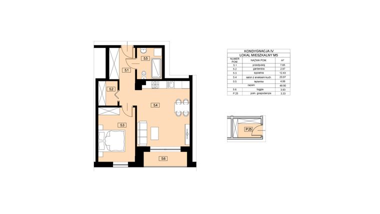 Rzut - Mieszkanie na sprzedaż 2 pokoje o powierzchni 48,9 m² - numer M5 w Nowy Świat 22