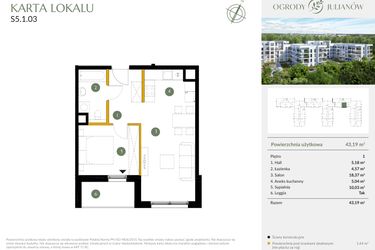Rzut - Mieszkanie na sprzedaż 2 pokoje o powierzchni 43,19 m² - numer S5.1.03 w Ogrody Julianów