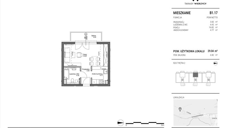 Rzut - Mieszkanie na sprzedaż 1 pokój o powierzchni 29,04 m² - numer B1.17 w Tarasy Wierzycy