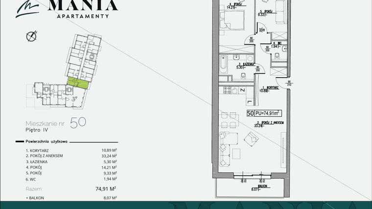 Rzut - Mieszkanie na sprzedaż 3 pokoje o powierzchni 74,91 m² - numer 50 w MANIA Apartamenty