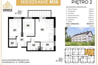 Rzut - Mieszkanie na sprzedaż 3 pokoje o powierzchni 69,27 m² - numer M26 w Osiedle Pod Książem