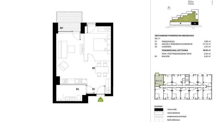 Rzut - Mieszkanie na sprzedaż 1 pokój o powierzchni 49,26 m² - numer A.3.11 w Kozielska Park