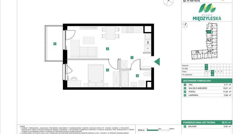 Rzut - Mieszkanie na sprzedaż 2 pokoje o powierzchni 38,51 m² - numer 20 w Osiedle Międzyleska - etap III