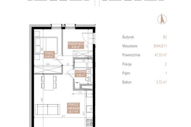 Rzut - Mieszkanie na sprzedaż 2 pokoje o powierzchni 47,53 m² - numer SWA/2/11/A w Apartamenty Świeradowska