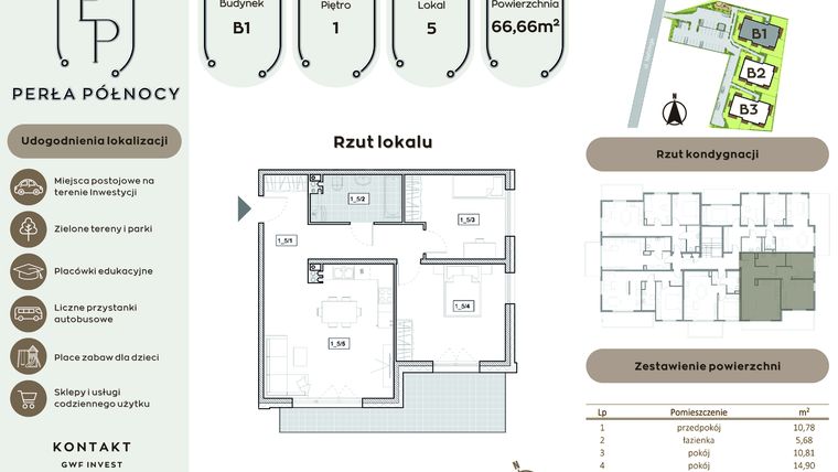 Rzut - Mieszkanie na sprzedaż 3 pokoje o powierzchni 66,66 m² - numer B1.1_5 w Perła Północy etap 2