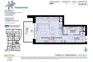 Rzut - Mieszkanie na sprzedaż 1 pokój o powierzchni 31,34 m² - numer A/1/5 w Osiedle Hawelańska etap III - bud. A