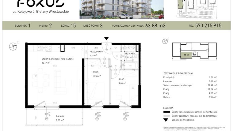 Rzut - Mieszkanie na sprzedaż 3 pokoje o powierzchni 63,88 m² - numer B1-15 w Fokus Bielany