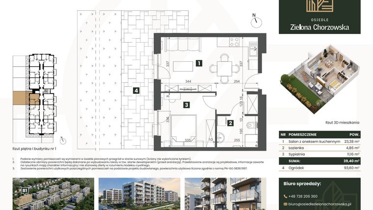 Rzut - Mieszkanie na sprzedaż 2 pokoje o powierzchni 39,4 m² - numer B1.M12 w Osiedle Zielona Chorzowska