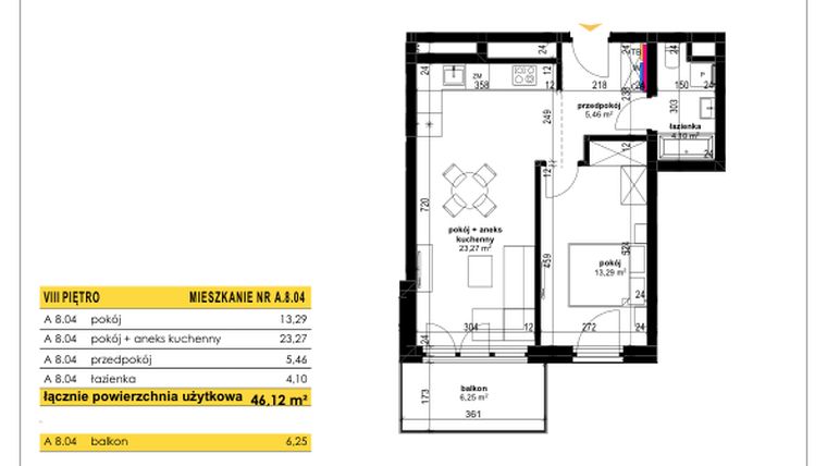 Rzut - Mieszkanie na sprzedaż 2 pokoje o powierzchni 46,15 m² - numer A 8.04 w Park Moniuszki II C