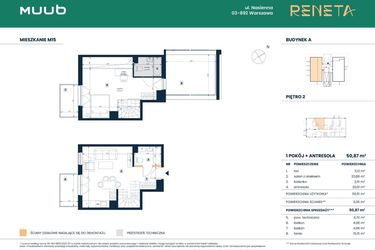 Rzut - Mieszkanie na sprzedaż 2 pokoje o powierzchni 50,49 m² - numer M15 w Reneta