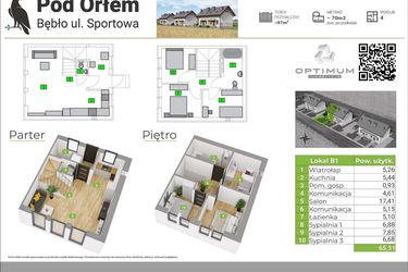 Rzut - Mieszkanie na sprzedaż 4 pokoje o powierzchni 70 m² - numer B1 w Pod Orłem