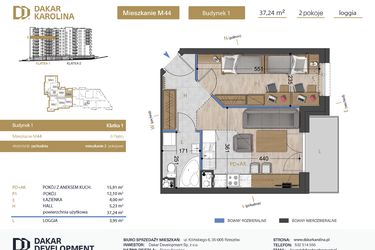 Rzut - Mieszkanie na sprzedaż 2 pokoje o powierzchni 37,24 m² - numer 44 w Osiedle Dakar Karolina
