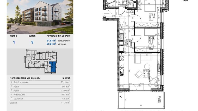 Rzut - Mieszkanie na sprzedaż 3 pokoje o powierzchni 60,86 m² - numer 9 w Balantia