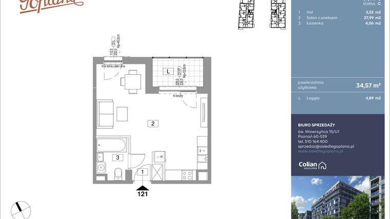 Rzut - Mieszkanie na sprzedaż 1 pokój o powierzchni 34,57 m² - numer F121 w Goplana budynek F