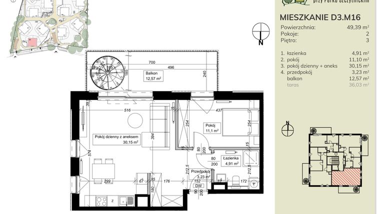 Rzut - Mieszkanie na sprzedaż 2 pokoje o powierzchni 49,44 m² - numer D3.M16 w Apartamenty przy Parku Szczytnickim