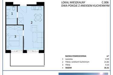 Rzut - Mieszkanie na sprzedaż 2 pokoje o powierzchni 35,31 m² - numer C.006 w Perłowa Przystań - Sianożęty - etap III