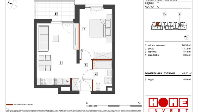 Rzut - Mieszkanie na sprzedaż 2 pokoje o powierzchni 41,95 m² - numer A-A101 w Warszawski Świt etap VII