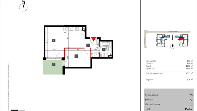 Rzut - Mieszkanie na sprzedaż 2 pokoje o powierzchni 43,23 m² - numer 39 w Mochtyńska 56