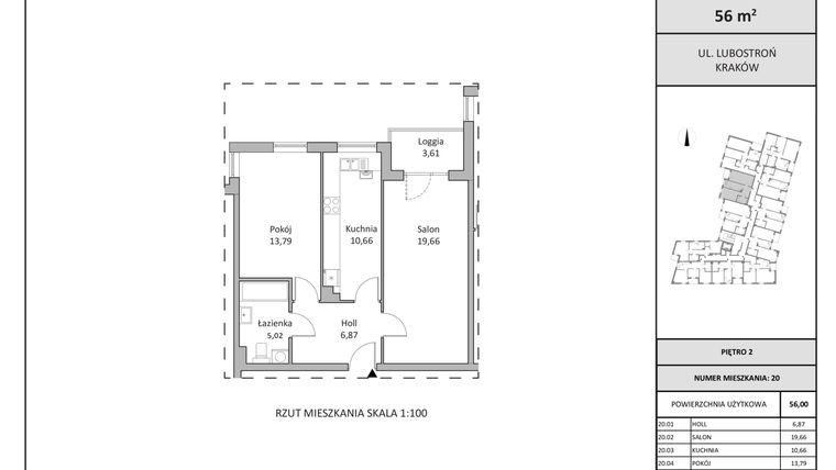 Rzut - Mieszkanie na sprzedaż 2 pokoje o powierzchni 56 m² - numer 20 w Lubostroń 20