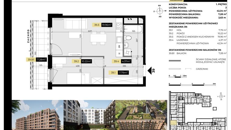 Rzut - Mieszkanie na sprzedaż 2 pokoje o powierzchni 42,34 m² - numer M/39 w Tarasy Śląskie