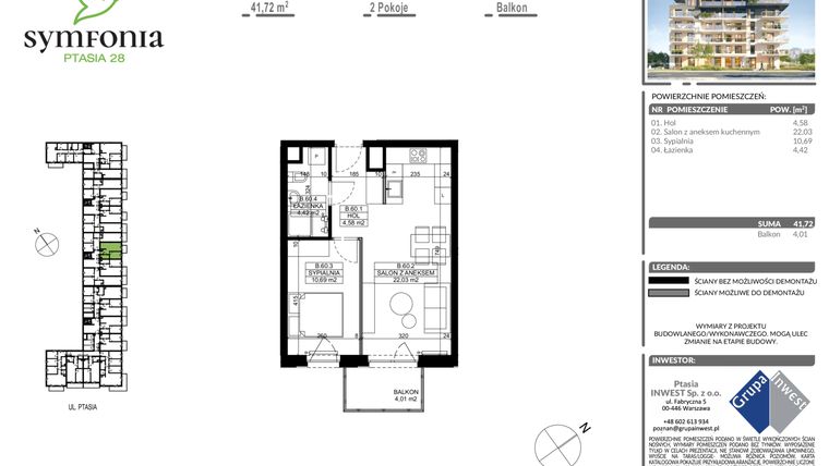 Rzut - Mieszkanie na sprzedaż 2 pokoje o powierzchni 41,72 m² - numer B.60 w Symfonia Ptasia 28