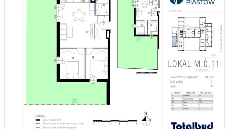 Rzut - Mieszkanie na sprzedaż 3 pokoje o powierzchni 50,46 m² - numer M.0.11 w Viva Piastów