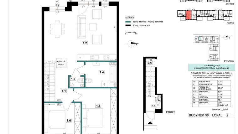 Rzut - Mieszkanie na sprzedaż 3 pokoje o powierzchni 75,64 m² - numer 58-2 w Błonie Bosco