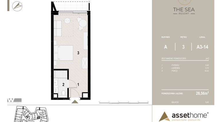 Rzut - Mieszkanie na sprzedaż 1 pokój o powierzchni 28,56 m² - numer A3-14 w The Sea Resort Międzyzdroje