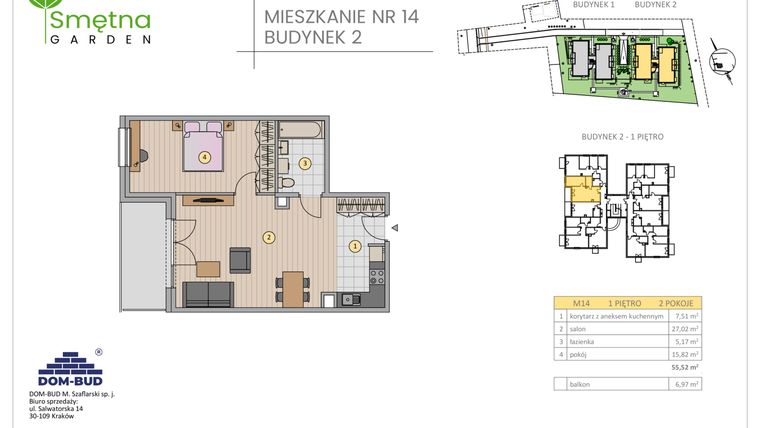 Rzut - Mieszkanie na sprzedaż 2 pokoje o powierzchni 55,52 m² - numer 14 w Smętna Garden