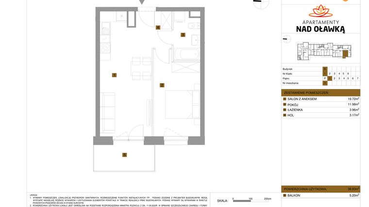 Rzut - Mieszkanie na sprzedaż 2 pokoje o powierzchni 38,83 m² - numer 5 w Apartamenty nad Oławką etap II