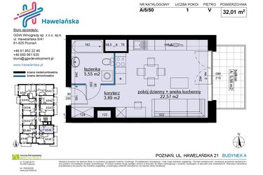 Rzut - Mieszkanie na sprzedaż 1 pokój o powierzchni 32,05 m² - numer A/5/50 w Osiedle Hawelańska etap III - bud. A