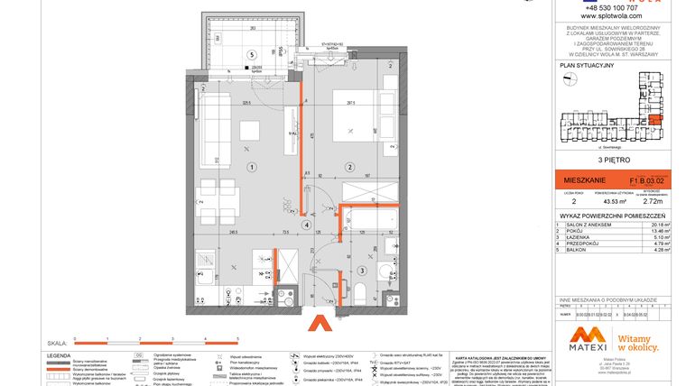 Rzut - Mieszkanie na sprzedaż 2 pokoje o powierzchni 43,53 m² - numer F1.B.03.02 w Splot Wola