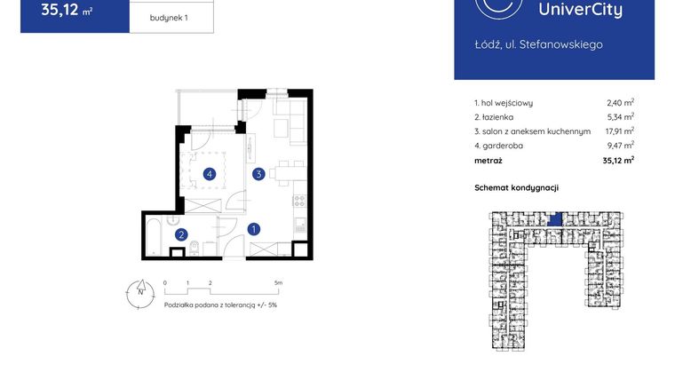 Rzut - Mieszkanie na sprzedaż 1 pokój o powierzchni 35,12 m² - numer 1.B.5.13 w Murapol UniverCity