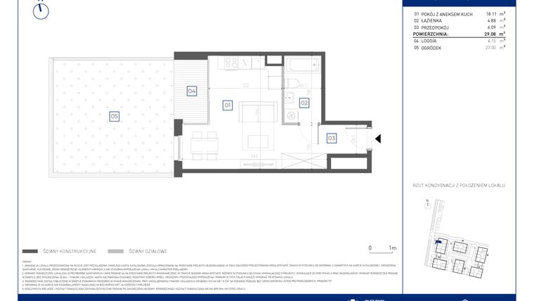Rzut - Mieszkanie na sprzedaż 1 pokój o powierzchni 29,08 m² - numer 5.0.1 w Atria Nowe Żerniki